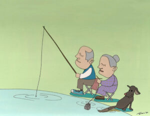 老夫婦と犬釣りをする
